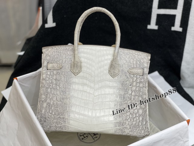 Hermes專櫃鉑金手提女包 愛馬仕Birkin30喜馬拉雅白尼羅鱷蜜蠟線全手工縫製手袋 zhh1089